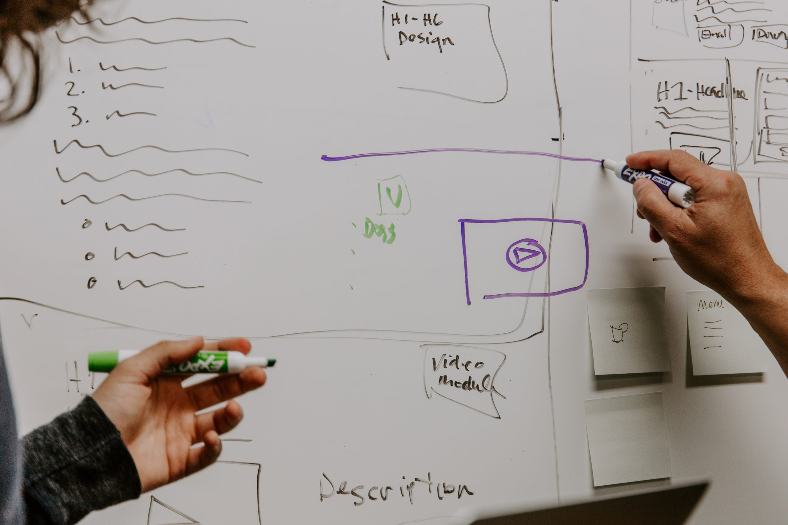 creating a marketing plan on a whiteboard with pens and diagrams