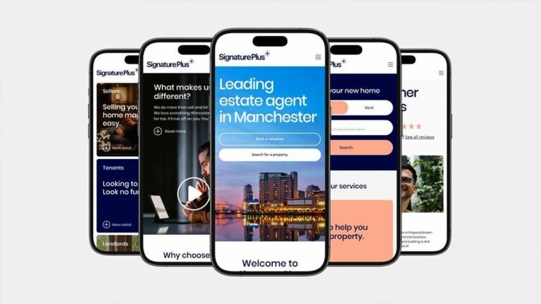 PropertyStream'a SignaturePlus estate agency websites shown on mobile phone mock-ups.